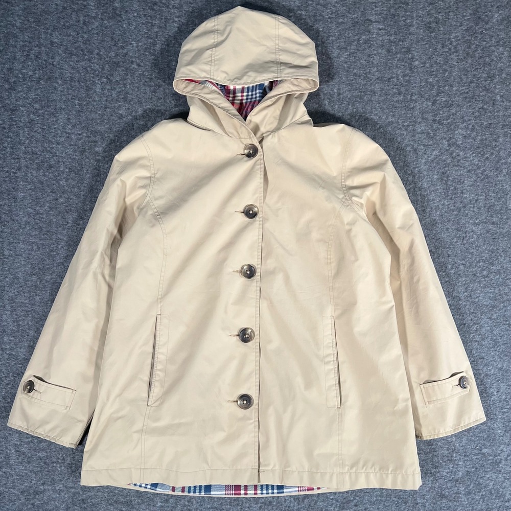 LL Bean Womens Khaki Mackintosh Jacket Plaid Flannel Lined Rain Coat Hood Small
